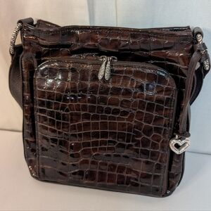 Brighton Sonny Lil Cher Croc-Embossed Patent Leather Bronze Brown Shoulder Bag